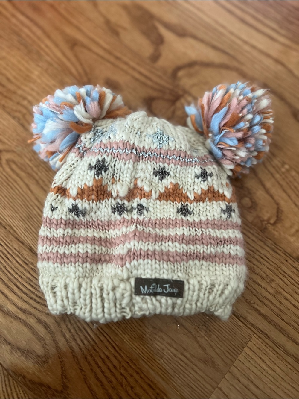 Matilda Jane Cream Knit Beanie with Pink, Blue & Tan Poms